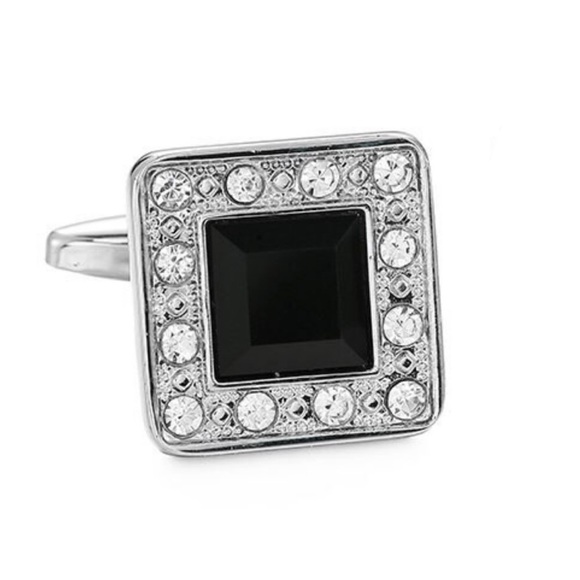 Elegant Black Obsidian and Silver Crystal Square Cufflinks - Picture 3 of 16